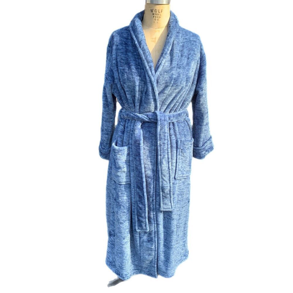 Natori Blue Plush Robe With Pockets And Tie Women's Size Large Luxurious EUC